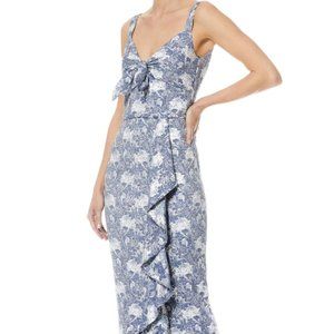 Size 4, Blue floor length dress with silver metallic flowers, Theia